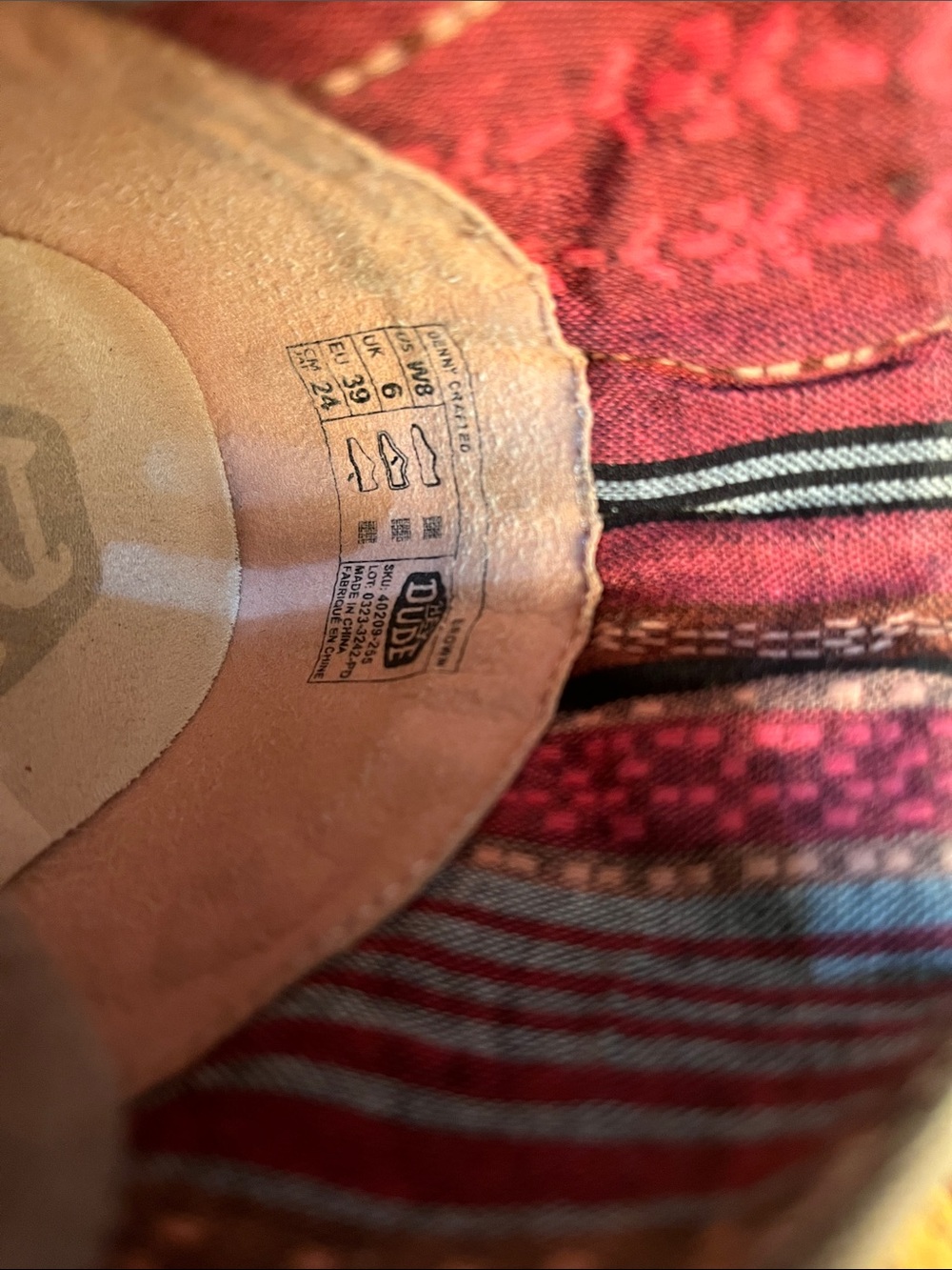 Hey Dude Women's Slip-On Loafers in Taupe with Red Patterned Heel - Picture 2 of 5